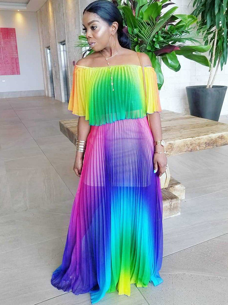 Off shoulder ombre pleated maxi dress - View 7 | Lwiis
