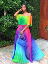 Off shoulder ombre pleated maxi dress - View 6 | Lwiis