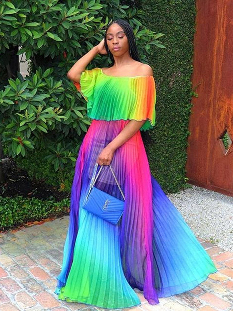 Off shoulder ombre pleated maxi dress - View 6 | Lwiis