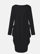 Black long-sleeved t-shirt dress with a graphic print, showing the back of the garment.