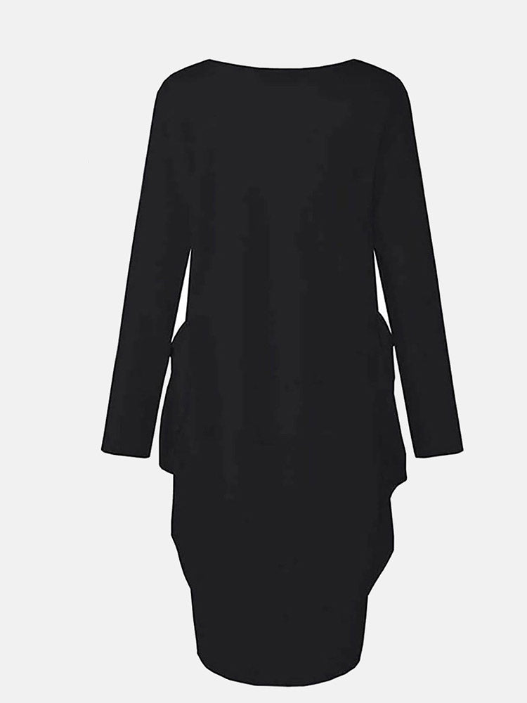 Black long-sleeved t-shirt dress with a graphic print, showing the back of the garment.
