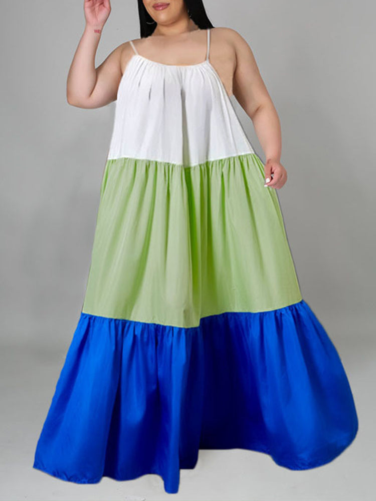 Color block casual A-line maxi dress with spaghetti straps - View 10 | Lwiis