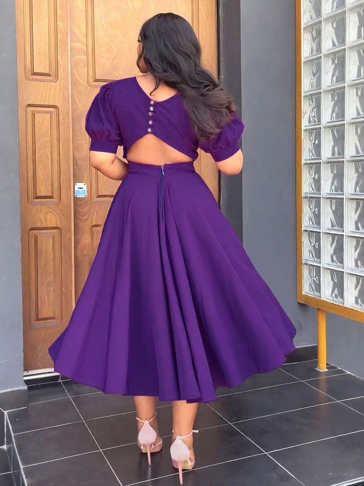 Puff Sleeve Cut-Out Back Dress - View 10 | Lwiis
