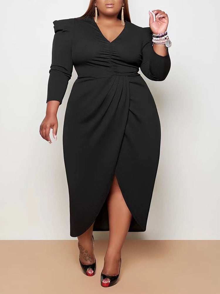 Ruched V-Neck Midi Dress with Split Skirt - View 7 | Lwiis