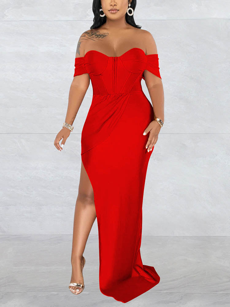 Off-shoulder maxi dress with high slit - View 9 | Lwiis