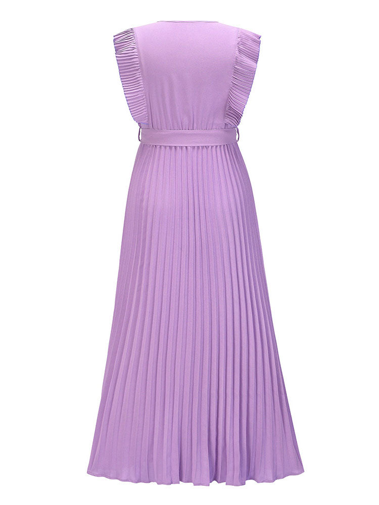 V-neck pleated maxi dress with ruffled trim and belted waist - View 6 | Lwiis