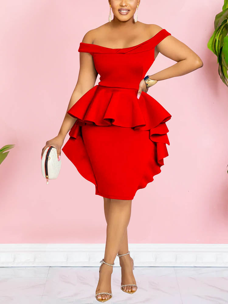 Woman wearing a red off-the-shoulder dress with ruffle details and an asymmetrical hemline, holding a clutch.