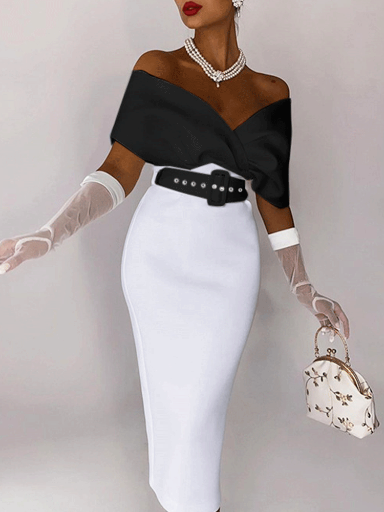 Woman in a black off-the-shoulder top and white pencil skirt with white sheer gloves, pearl necklace, and earrings.