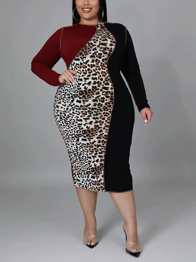 Woman wearing a long-sleeved, bodycon midi dress with a round neck and leopard print