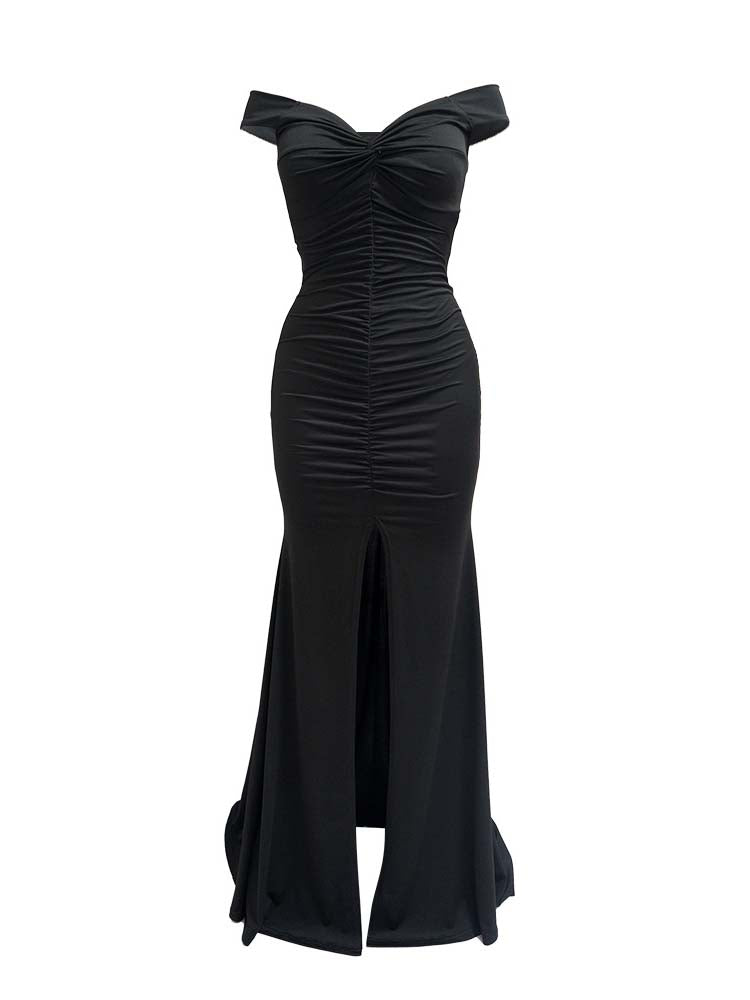 Front view of a black off-the-shoulder ruched formal gown with a high slit