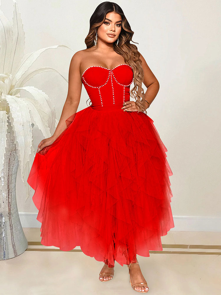 Rhinestone Tulle Midi Dress - View 9 | Lwiis