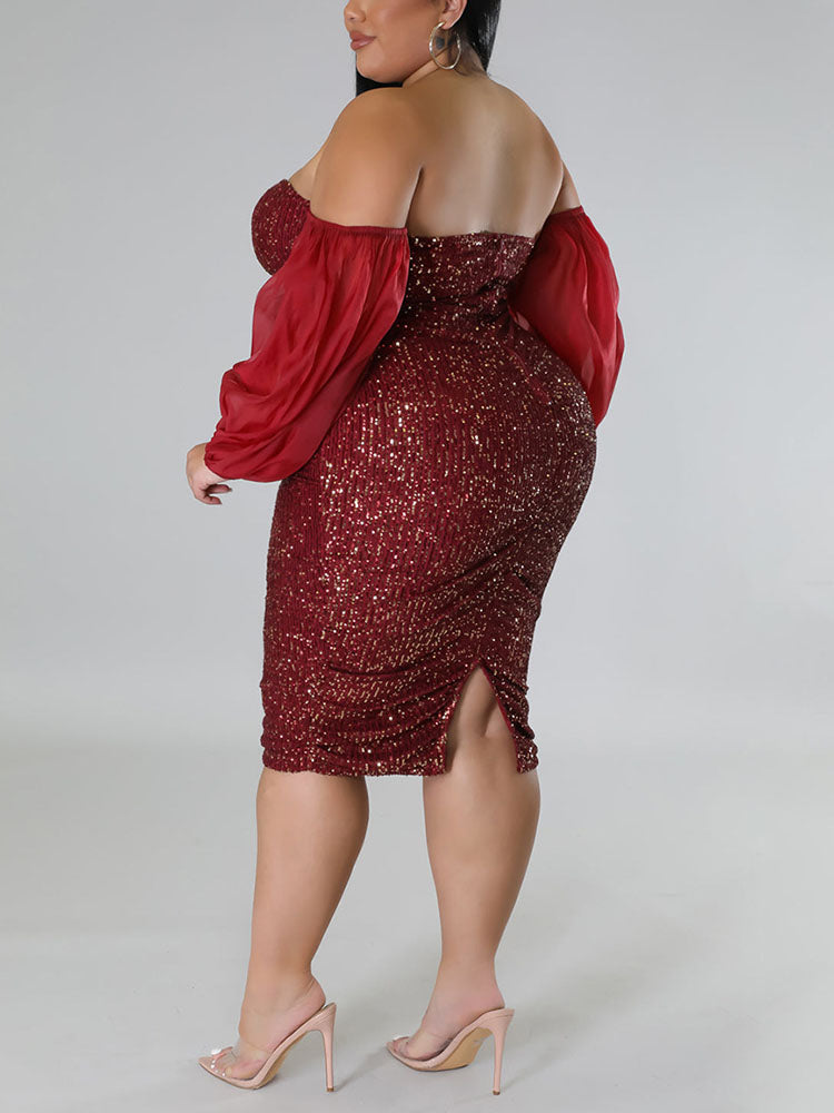 Sequin Midi Dress with Puff Sleeves - View 19 | Lwiis