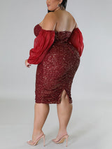 Sequin Midi Dress with Puff Sleeves - View 19 | Lwiis