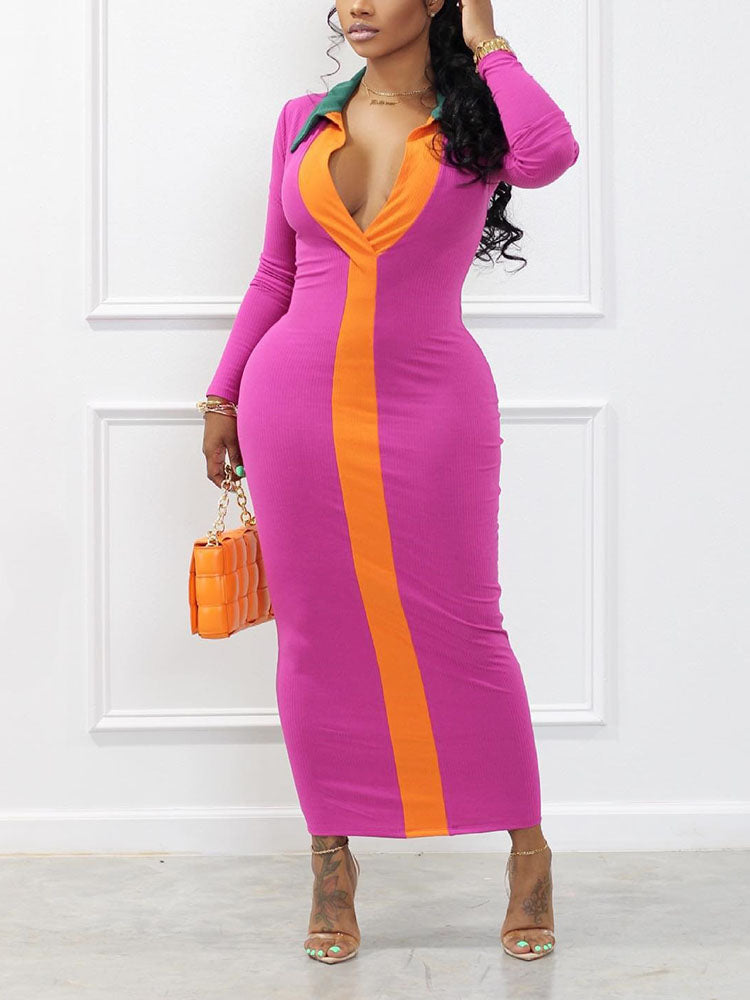 Color block ribbed knit midi dress with V-neck and long sleeves - View 11 | Lwiis