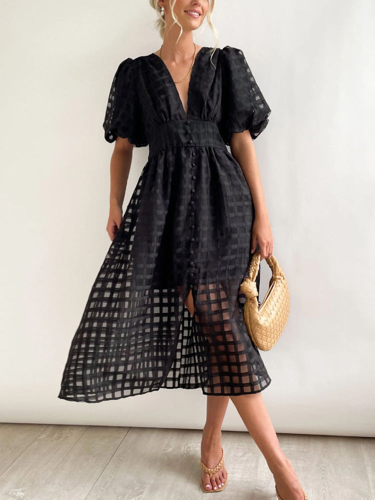 Plaid V-Neck Midi Dress - View 7 | Lwiis