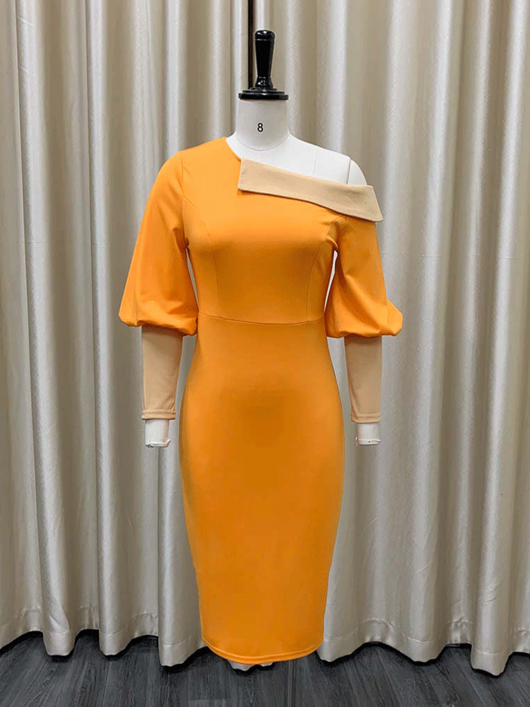 One Shoulder Midi Dress with Puff Sleeves - View 9 | Lwiis