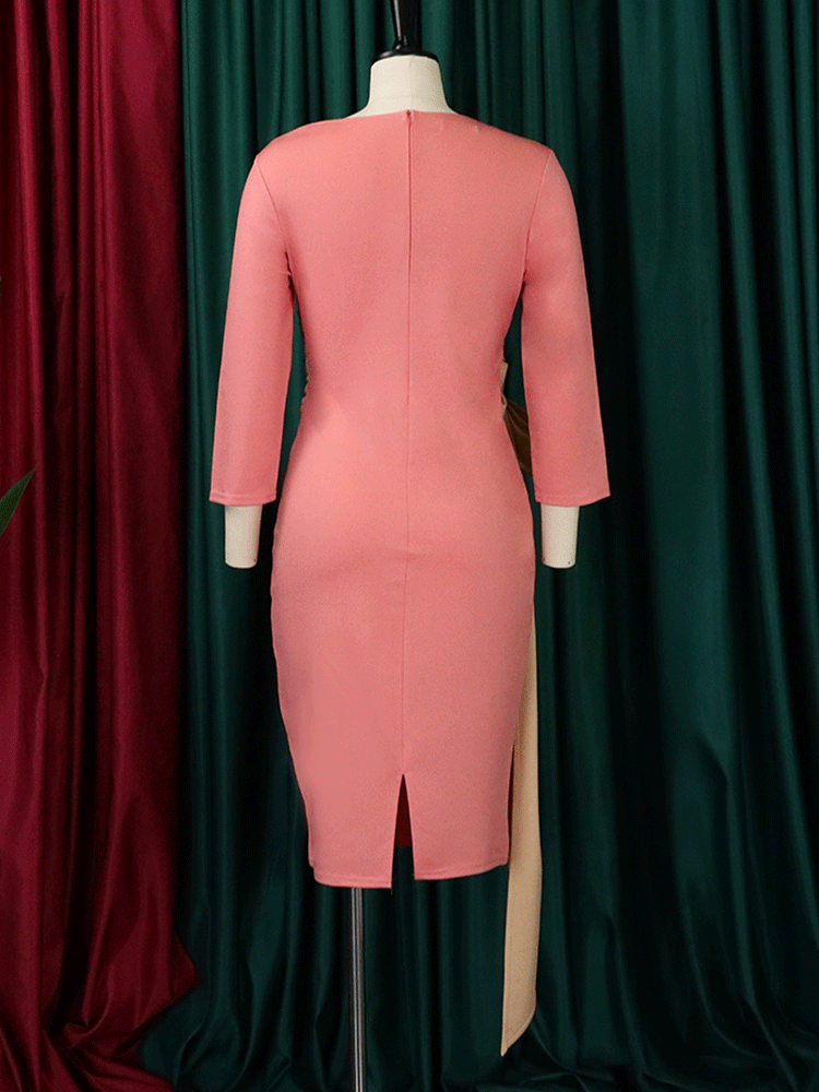 Patchwork Long Sleeve Midi Dress - View 12 | Lwiis
