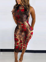 Woman wearing a sleeveless red and brown snake print bodycon midi dress