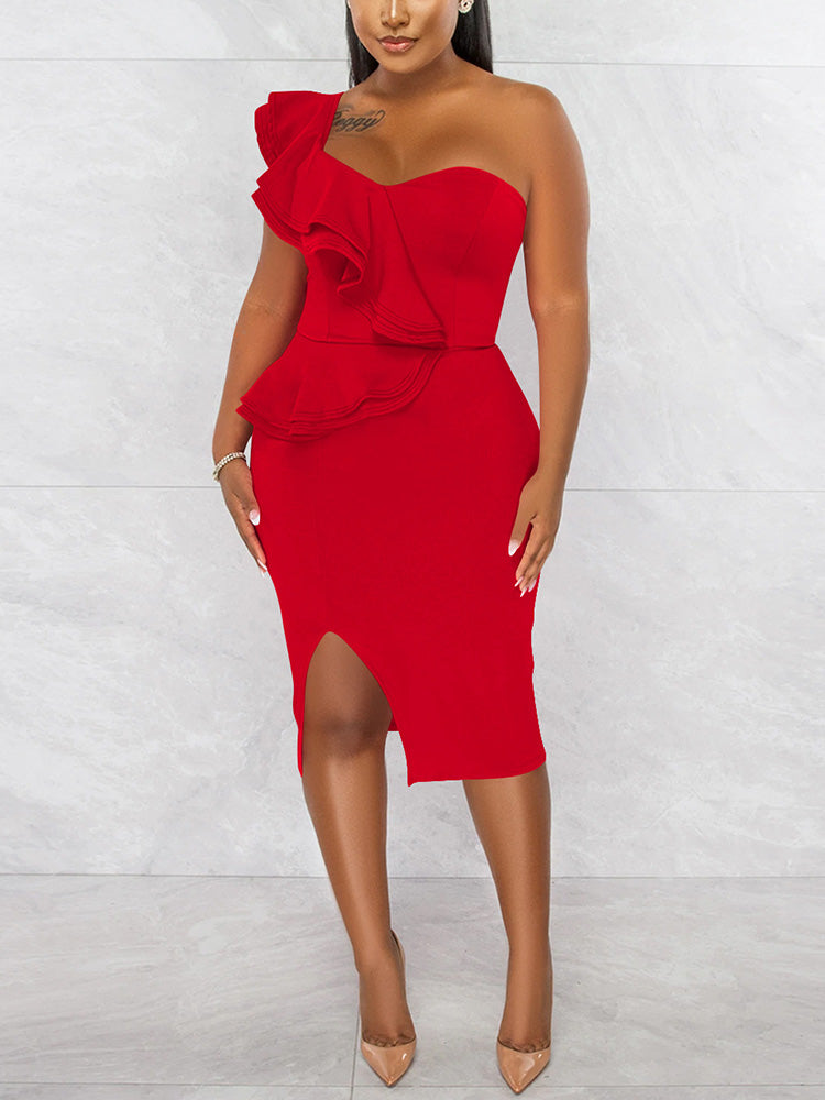 Back view of a woman in a red one-shoulder sheath dress