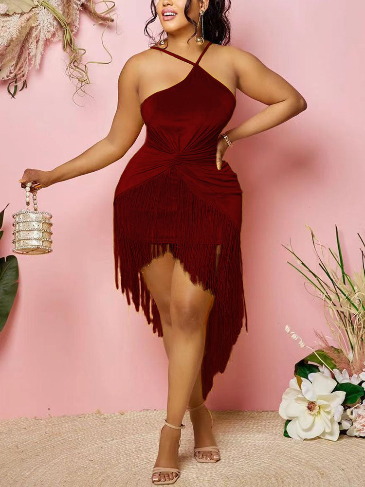 Halter Neck Tassel Trim Mini Dress - View 7 | Lwiis