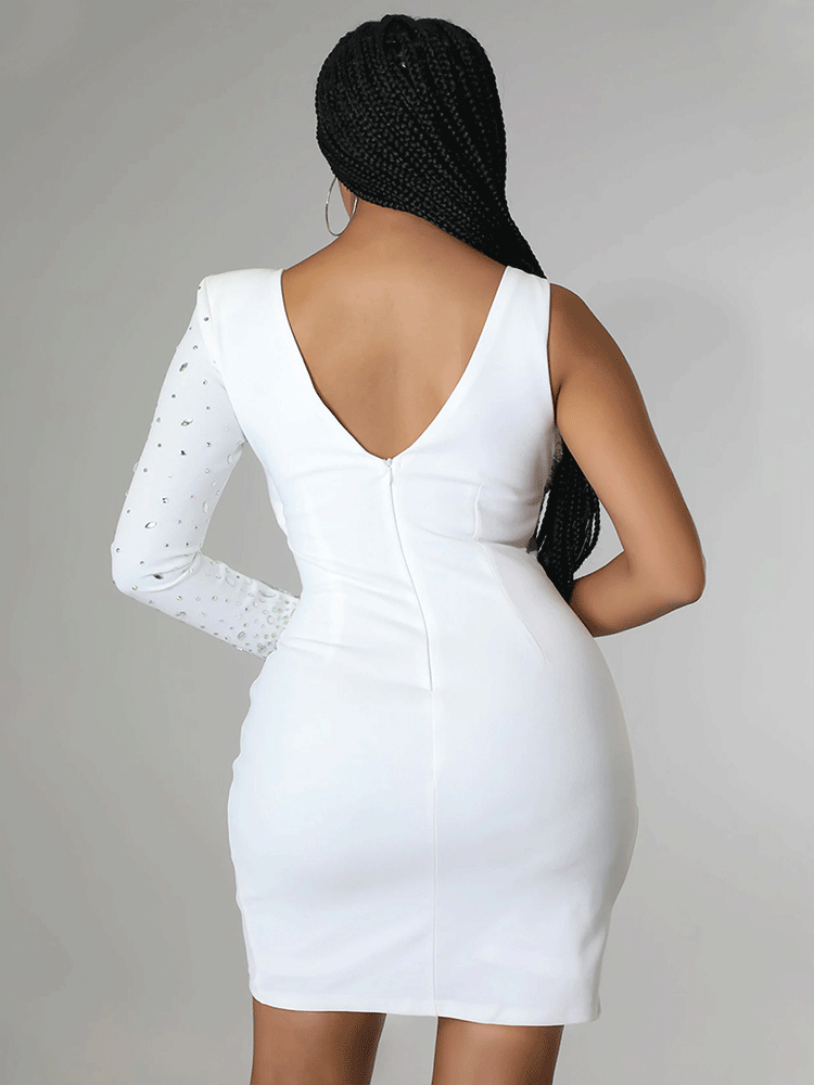 One Sleeve Rhinestone Mini Dress - View 8 | Lwiis