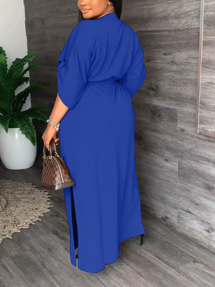 V Neck Drawstring Waist Maxi Dress - View 9 | Lwiis