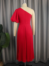 One Shoulder Puff Sleeve Pleated Midi Dress - View 6 | Lwiis