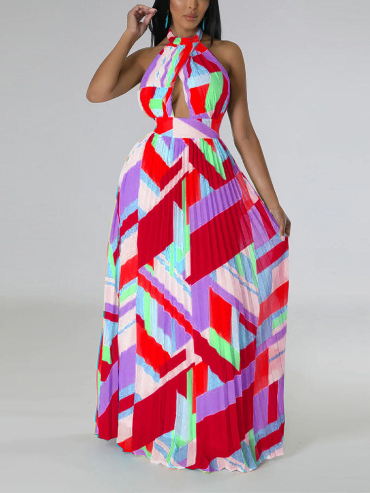 Halter neck pleated maxi dress with keyhole cutout - View 8 | Lwiis