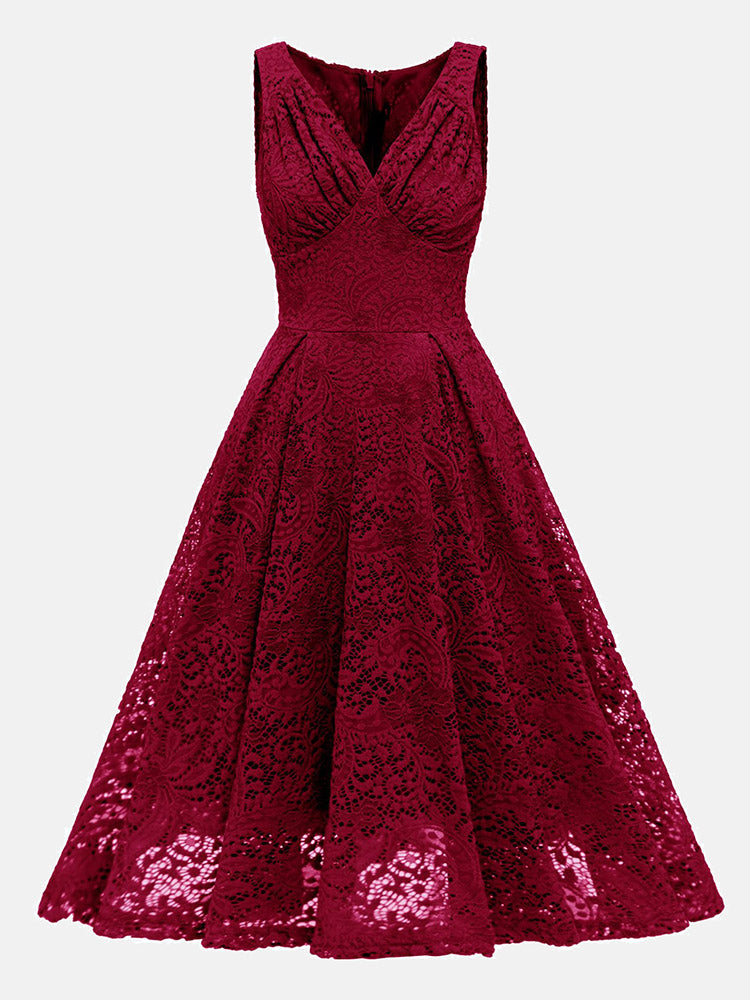 Sleeveless V-neck Lace Midi Dress - View 11 | Lwiis