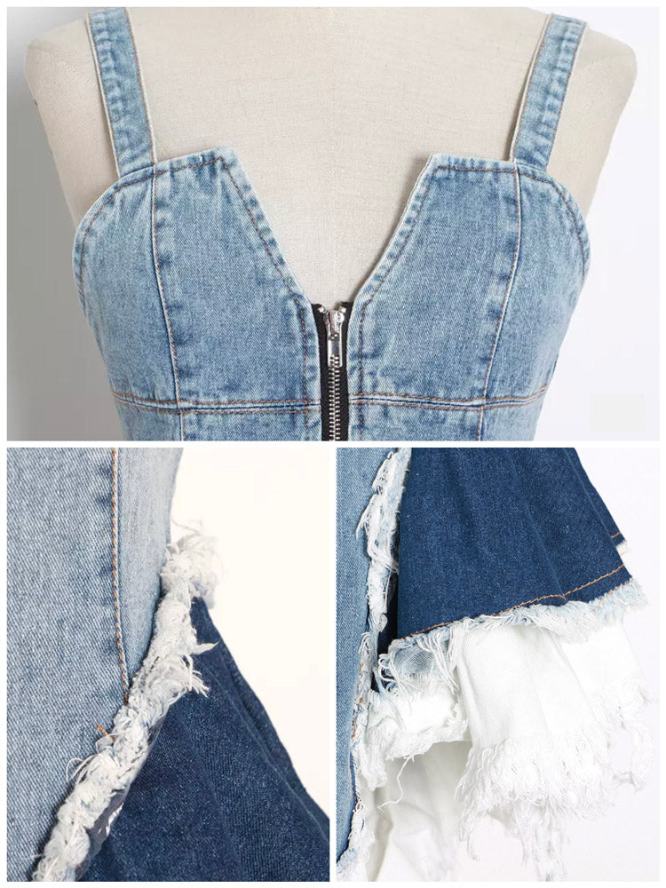 Denim patchwork mini dress with V-neckline and zipper front - View 11 | Lwiis