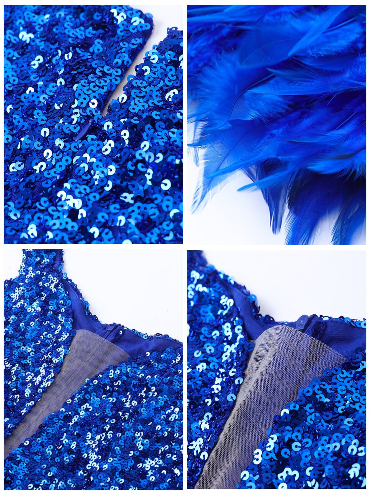 Close-up of the blue sequins and feathers on the dress.