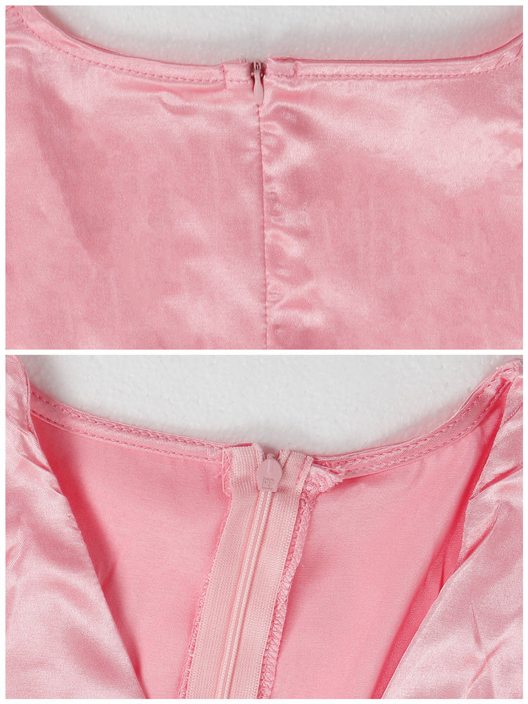 Detail shots of the zipper closure on the back and front neckline of a pink satin dress.