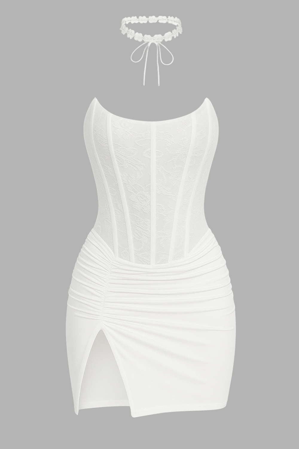 White strapless lace corset dress with ruched detailing and thigh-high slit