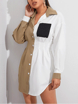 Front view of the color block shirt dress on a model, highlighting the design and fit.