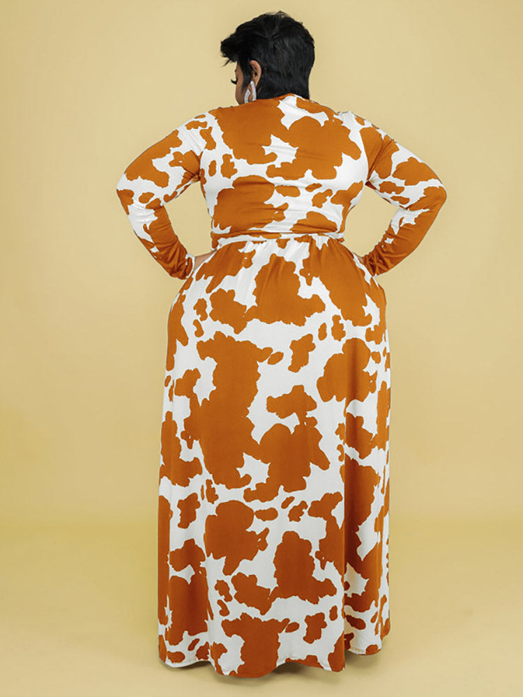 Cow Print Maxi Dress with V-Neck and Long Sleeves - View 15 | Lwiis