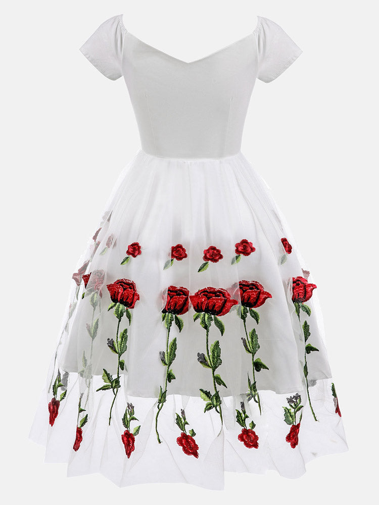 Embroidered Rose Mesh Party Dress - View 7 | Lwiis