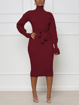 Turtleneck knit midi dress with belt - View 13 | Lwiis