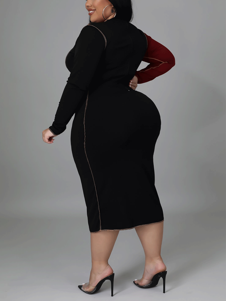 Back view of a plus size woman in a black midi dress with a burgundy sleeve
