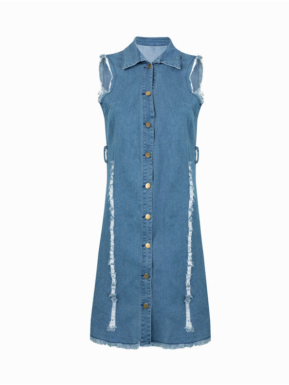 front view of a distressed denim sheath dress with a v-neck and belted waist