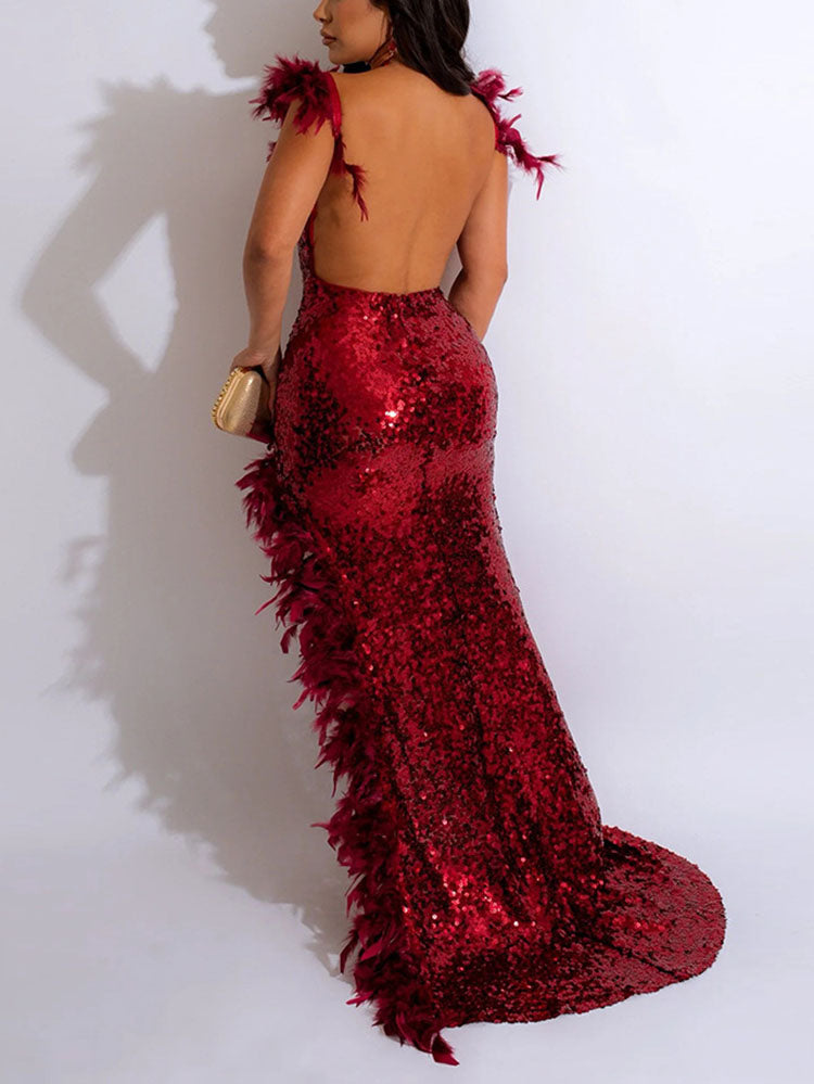 Sequin feather party dress with slit - View 11 | Lwiis