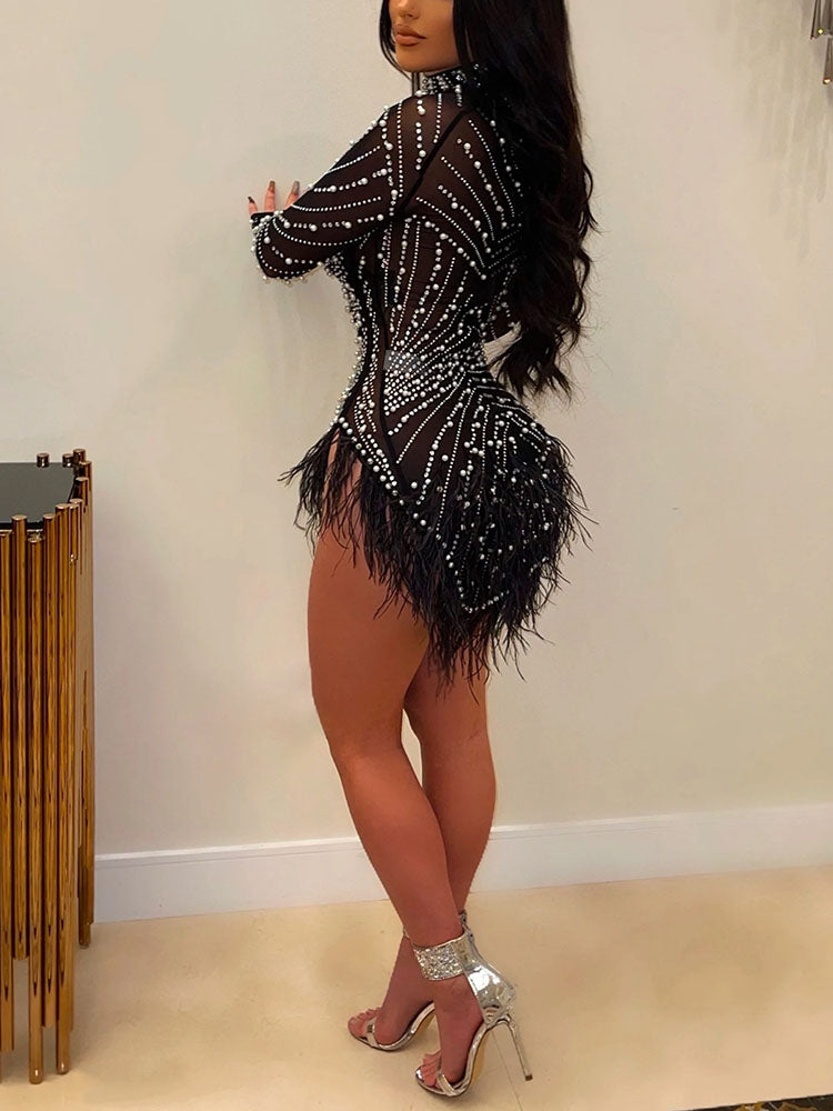 Feather Trim Rhinestone Mini Dress - View 8 | Lwiis