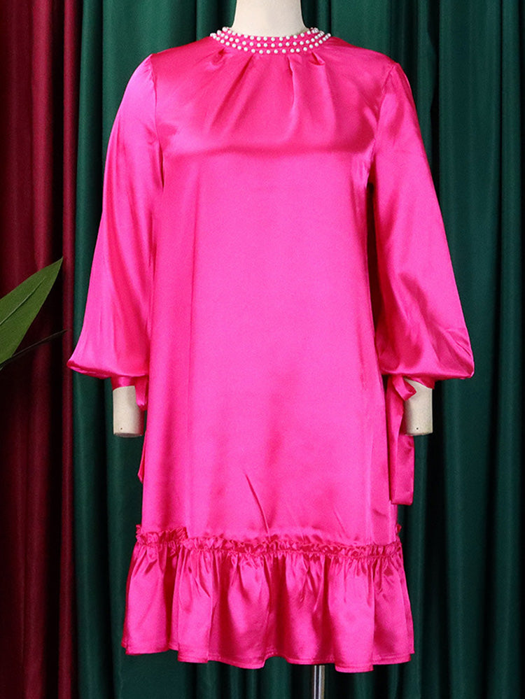 Pearl Embellished Mock Neck Ruffle Dress - View 11 | Lwiis