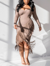 Fitted Tassel Midi Dress - View 9 | Lwiis