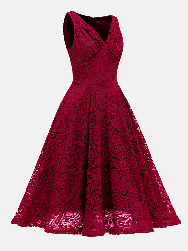 Sleeveless V-neck Lace Midi Dress - View 12 | Lwiis