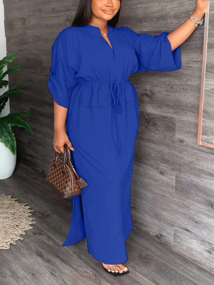 V Neck Drawstring Waist Maxi Dress - View 8 | Lwiis