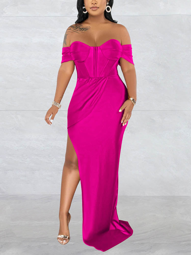 Off-shoulder maxi dress with high slit - View 7 | Lwiis