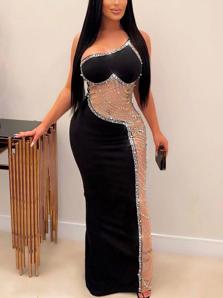 One Shoulder Asymmetrical Mesh Dress with Beaded Embellishments - View 7 | Lwiis