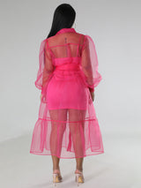 Rear view of a woman wearing a sheer pink organza dress over a pink slip dress, with the button-down front visible.