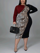 Plus size color-block midi dress with leopard print panel