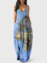 Woman wearing a sleeveless maxi dress with a map of Europe and Africa print